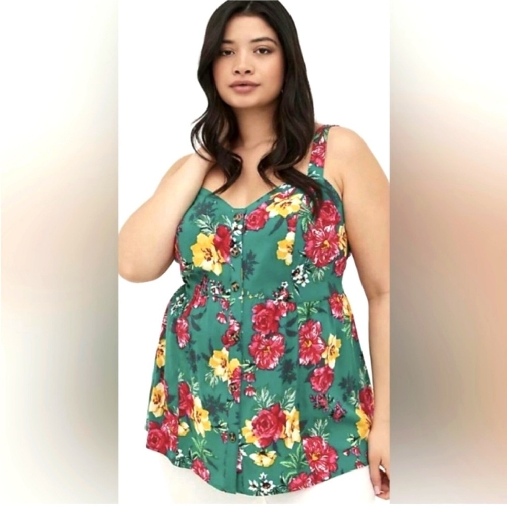 Torrid Fit and Flare Green Floral‎ Rayon Slub Lace Up Back Tank Size 1X